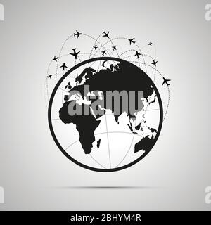 A lot of plane traces with planes in the sky above world map on globe, simple black icon Stock Vector