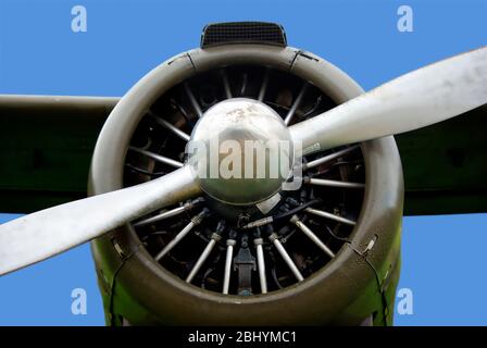 Frontal detail view of a single engine aircraft with radial engine and propeller. Stock Photo