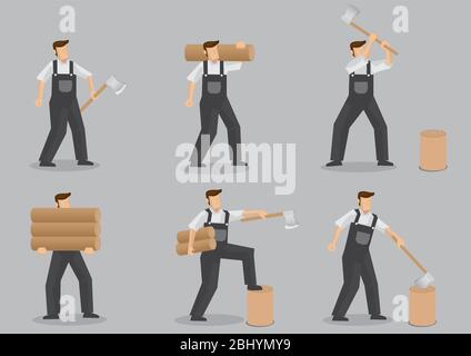 Cartoon character of a woodcutter carrying logs, chopping and splitting firewood with axe. Set of six vector illustrations isolated on grey background Stock Vector