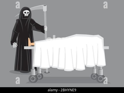 Skeletal figure in black hooded cloak carrying a scythe standing beside a corpse draped in white sheet on wheeled bed. Creative vector cartoon illustr Stock Vector