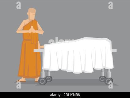 Cartoon vector illustration of a Buddhist monk in yellow robe standing with palms together by dead body covered in white sheet on wheeled bed. Stock Vector