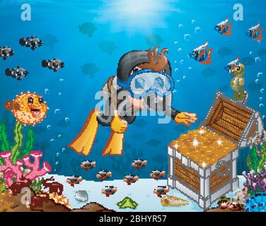 Kid diver with treasure chest at sea underwater landscape, vector paper ...