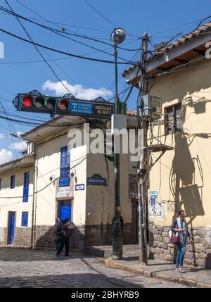 Decorative vintage style traffic light design on the streets of Cusco, Peru Stock Photo