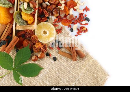 Assortment of dried fruits and nuts, isolated on white Stock Photo