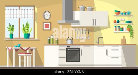 Kitchen with furniture and utensils. Vector illustration with separate layers. Stock Vector