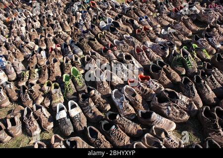Landscape of rows of trainers after running event Stock Photo