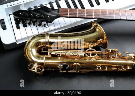 Musical instruments on dark background Stock Photo