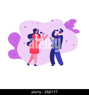 Singers man and woman with microphones on stage Stock Vector