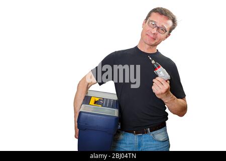 Mature man with a box of repair tools, isolated on a white background Stock Photo