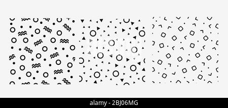 Abstract geometric, monochrome pattern consisting of circles, triangles, wavy short lines Stock Vector