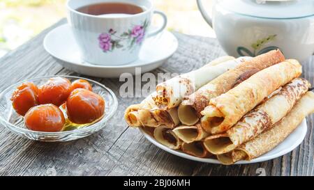 Pancakes on a plate with fig jam Stock Photo