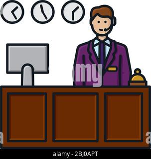 Receptionist behind desk isolated vector illustration for Receptionists Day on May 13th. Friendly and helpful desk clerk with service bell, computer m Stock Vector