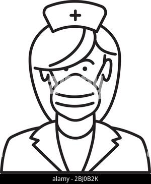 Nurse with face mask vector öline icon for International Nurses Day on may 12th. Virus protection and medical occupation outline symbol. Stock Vector