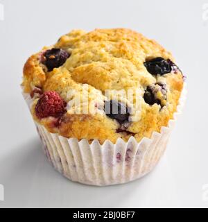 MIxed berry muffin with blueberries and raspberries in paper case - Stock Photo