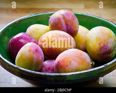 Green pottery bowl of freshly gathered Victoria plums - Stock Photo