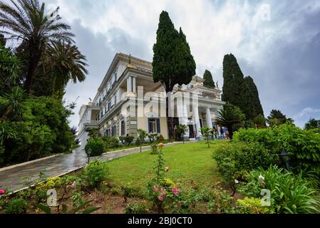 Achilleion is a palace built in Gastouri, Corfu by Empress of Austria Elisabeth of Bavaria, also known as Sisi, after a suggestion by Austrian Consul Stock Photo