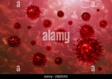 Red Coronavirus in blood. Pathogen outbreak of COVID 19 in Microscopic view. Dangerous pandemic pneumonia disease. Medical concept of a viral Stock Photo