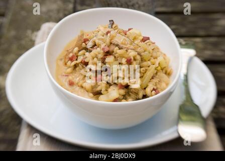 Barley risotto made with dried wild mushrooms, diced smoked ham, onions, celery and chicken stock, served in white porcelain bowl, outdoors - Stock Photo