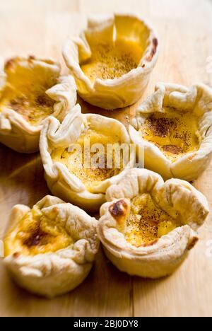 Home made portuguese style custard tarts with confectioners' custard and puff pastry - Stock Photo