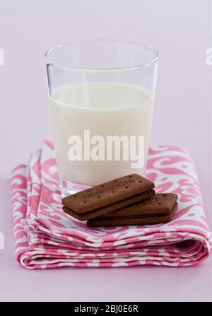 Bedtime snack of a glass of cold fresh milk with bourbon chocolate biscuits - Stock Photo