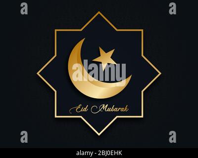 Beautiful Eid Mubarak greeting card design. the celebration of the feast in Islam. With a golden crescent and stars on a blue background and pattern. Stock Vector