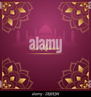 Beautiful Eid Mubarak greeting card design. with the mosque's silhouette and floral ornaments beside it on a purple background with a gradient Stock Vector