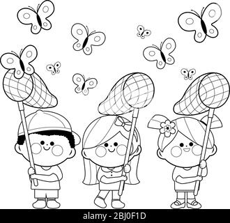 Children with butterfly nets catching butterflies. Vector black and white coloring page Stock Vector