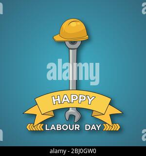 Happy labor day design. International Labor Day celebrations on May 1. Illustration of worker wrench and helmet on a blue background. Stock Vector