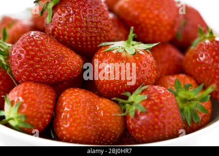 Close up of bowl of ripe red strawberries. - Stock Photo