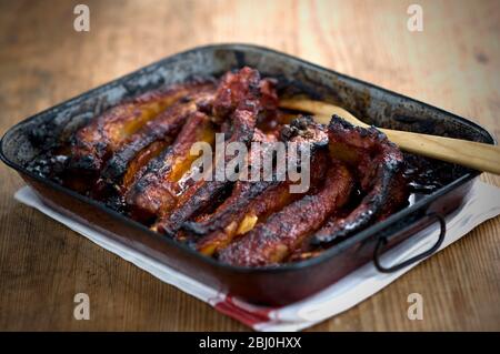 Oven roast sticky pork ribs in old metal roasting tin - Stock Photo