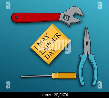 Happy labor day poster or banner design. 1 May International Labor Day. With illustrations of pliers, wrenches and yellow screwdrivers. Stock Vector