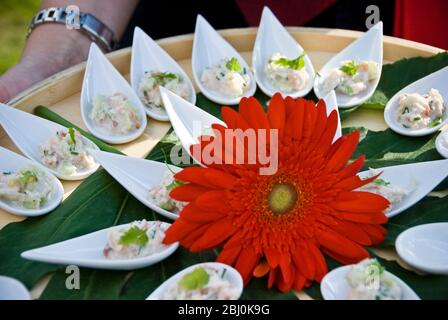 Serving platter of canapes in little porcelain spoons at summer wedding Stock Photo