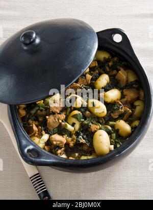 Black earthenware casserole with dish of pork spinach and potatoes with soy sauce - Stock Photo