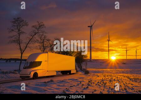 vision of using the Tesla Semi Truck electric truck during cold, snowy winter Stock Photo