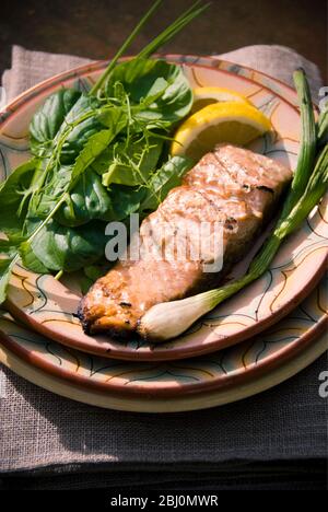 Chargrilled salmon fillet with mixed herb salad, scallion, and lemon wedge on rustic plate - Stock Photo