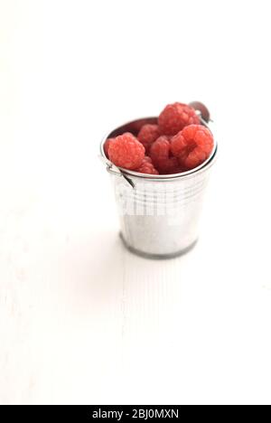 Miniature metal bucket with fresh raspberries - Stock Photo