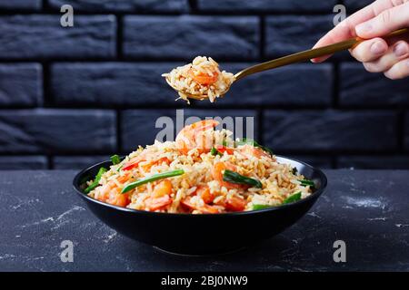 Woman's hand holds the spoon with asian fried jasmine rice with shrimps scrambled eggs and spring onions with thai sauce on a dark concrete background Stock Photo