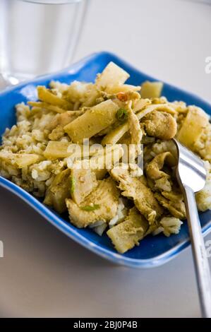 Green Thai chicken curry with bamboo shoots and rice - Stock Photo