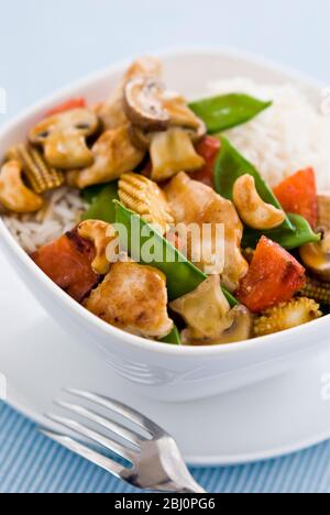 Light, healthy dish of stir fried chicken pieces with vegetables and cashew nuts in chinese style sauce on plain rice, served in simple white bowl. Sh Stock Photo