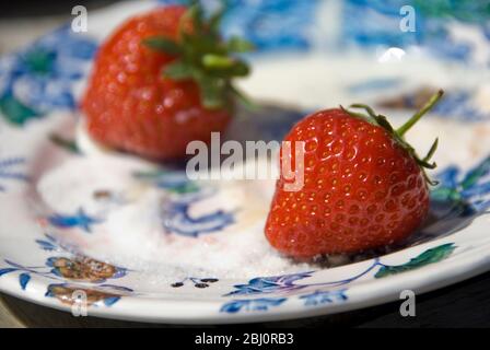 Two strawberries on a patterned plate outside in sunshine - Stock Photo
