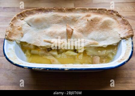 Half an apple pie in enamel pie dish - Stock Photo