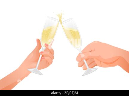 Male and female hand holds champagne glasses. Illustration of a festive mood Stock Vector