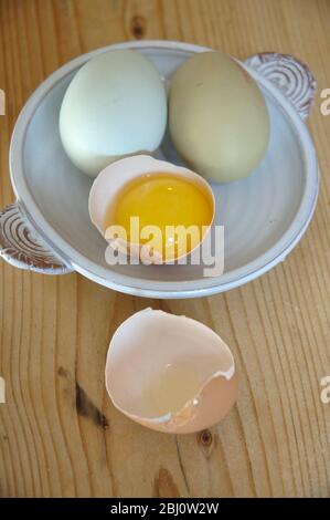 Two whole eggs and one half egg with yolk on a small ceramic dish - Stock Photo
