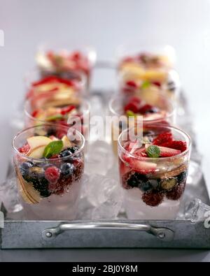 Eight glasses fresh fruit and sparkling mineral water on metal, ice filled tray -