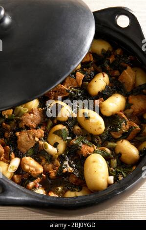 Black earthenware casserole with dish of pork spinach and potatoes with soy sauce - Stock Photo