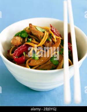 Stir-fry chicken with noodles, vegetables and herbs, with oyster and ...