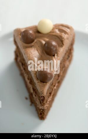 Single slice of rich chocolate cake layered with chocolate butter cream - Stock Photo
