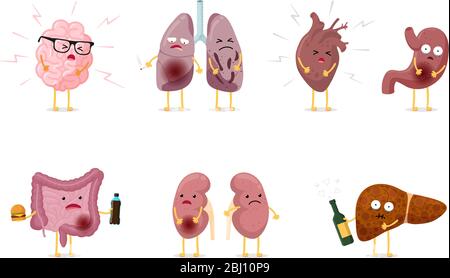 Cute cartoon unhealthy sick human internal organ character set with brain lung intestine heart kidney liver and stomach mascots. Vector disease anatomy isolated eps illustration Stock Vector