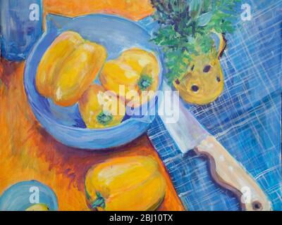 Painting of yellow peppers in blue bowl - Stock Photo