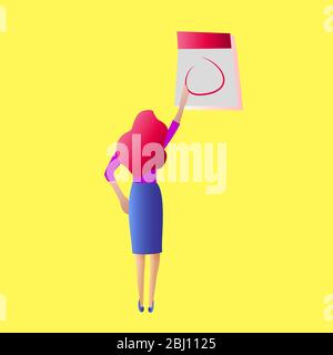 A standing vector woman or girl drawing a circle on a special date in the calendar on the wall. Event, pregnancy, mestruation, ovulation concepts. Stock Vector